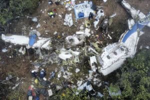 An aerial view shows the wreckage of a plane