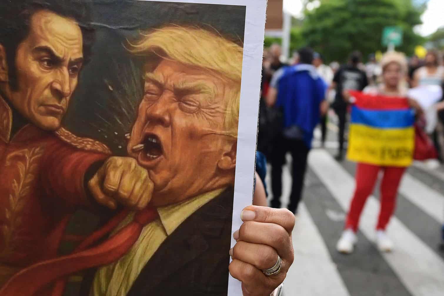 A sign depicting Colombian and Venezuelan independence hero Simon Bolivar