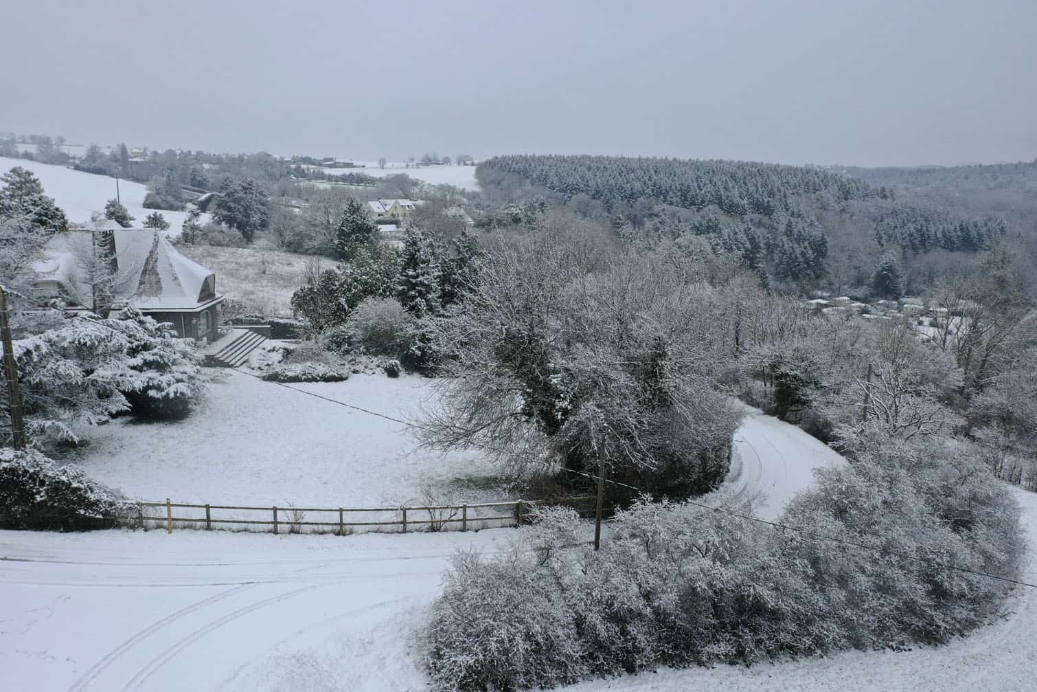 Snow blankets the town of Thury-Harcourt-le-Hom in Normandy
