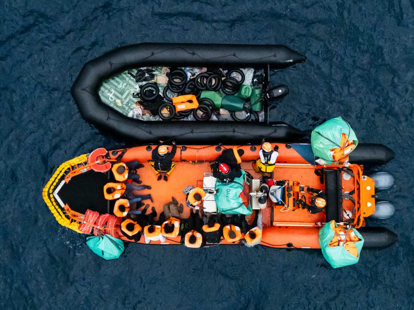 This aerial photograph shows crew members of the “Ocean Viking” rescue ship