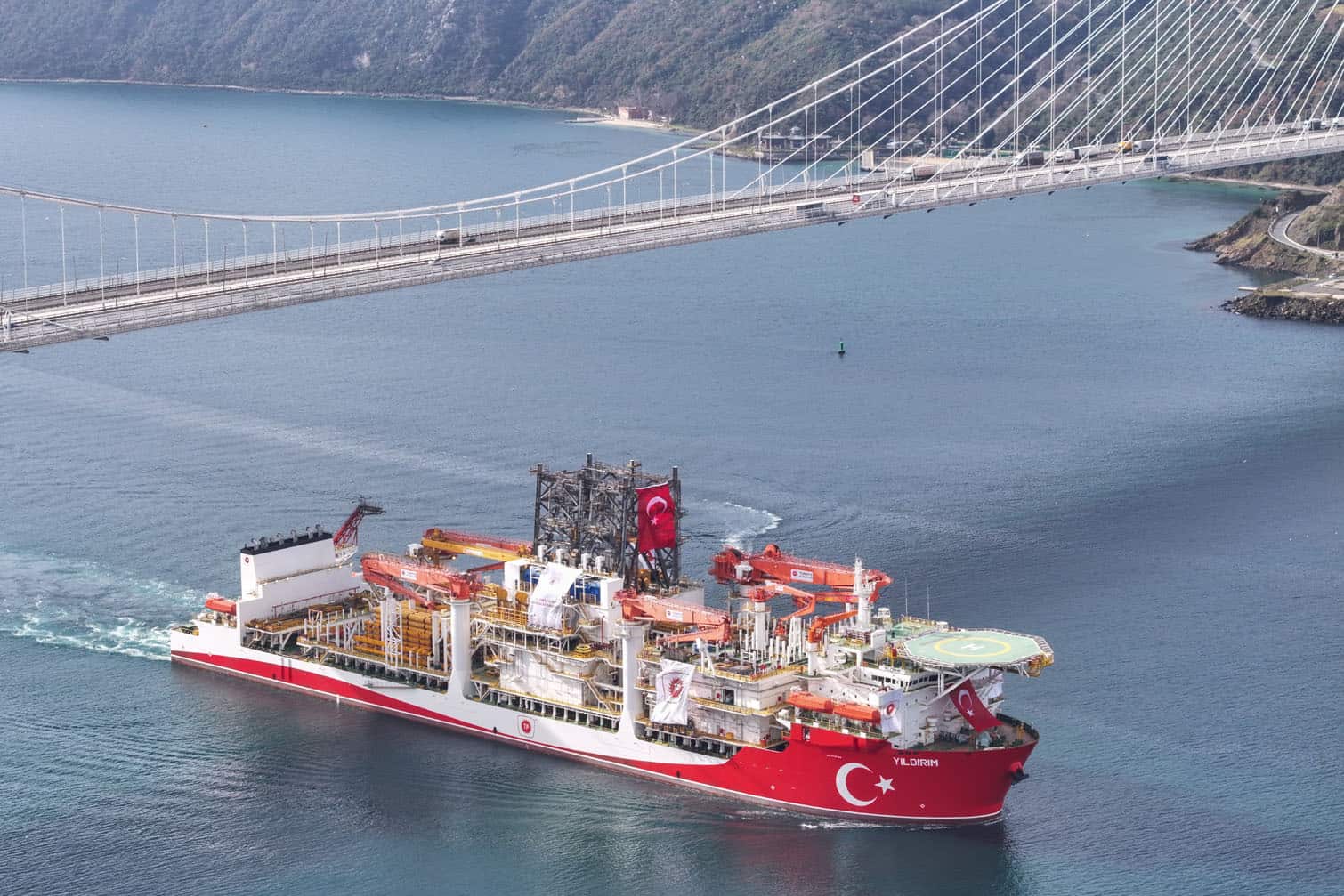 Deep-sea drilling vessel Yildirim passes through the Bosphorus Strait in Istanbul