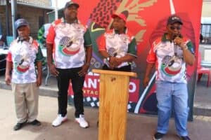 The chairmen of several local taxi associations also attended. Here Lucas Nhlapi (CALDDTA chairperson), Patrick Mudau (Wedela Taxi Association chairperson) and Meshack Montswhiwa (Busato chairperson) looked on as the chairperson of CUTA, Lechalaba Modise, addressed the crowd.