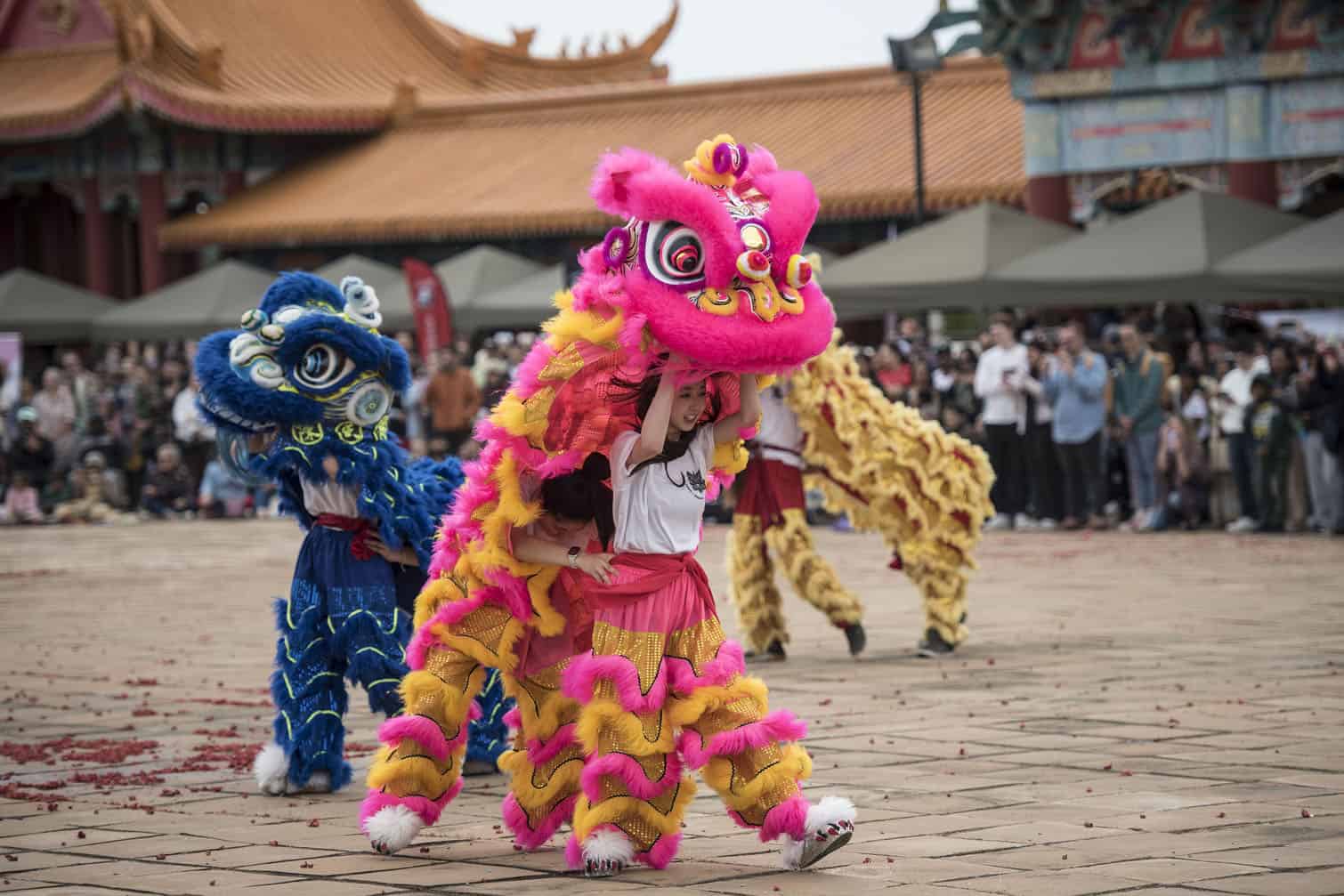 Dancers perform a traditional Chinese Lion Dance