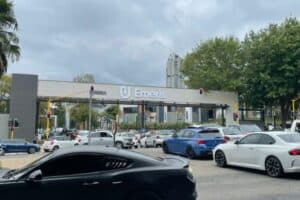 Vehicles line up on Grayston Drive to enter Emeris campus causing traffic congestion.