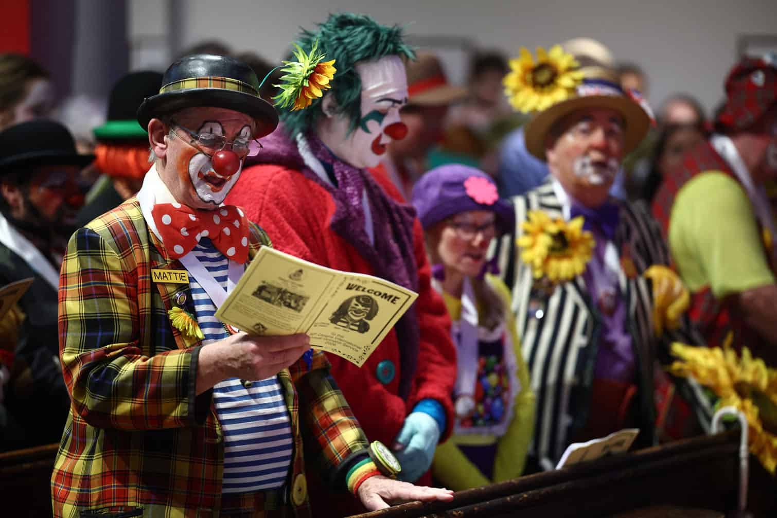 Clowns fill the pews as they attend the annual Grimaldi Memorial Service