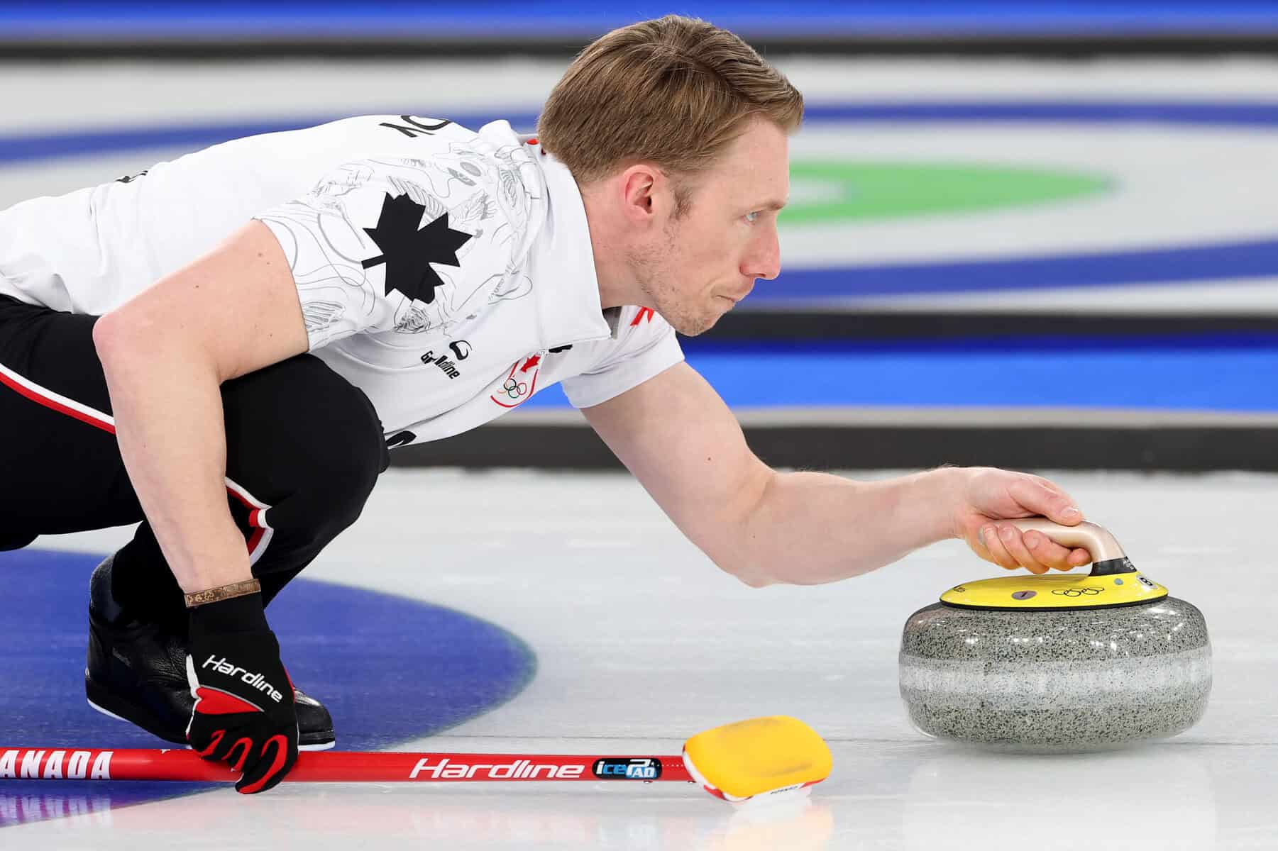 Marc Kennedy of Canada competes during the men's curling event at the 2026 Winter Olympics at Cortina Curling Olympic Stadium on 16 February 2026 in Cortina d'Ampezzo, Italy. Picture: Ezra Shaw/Getty Images