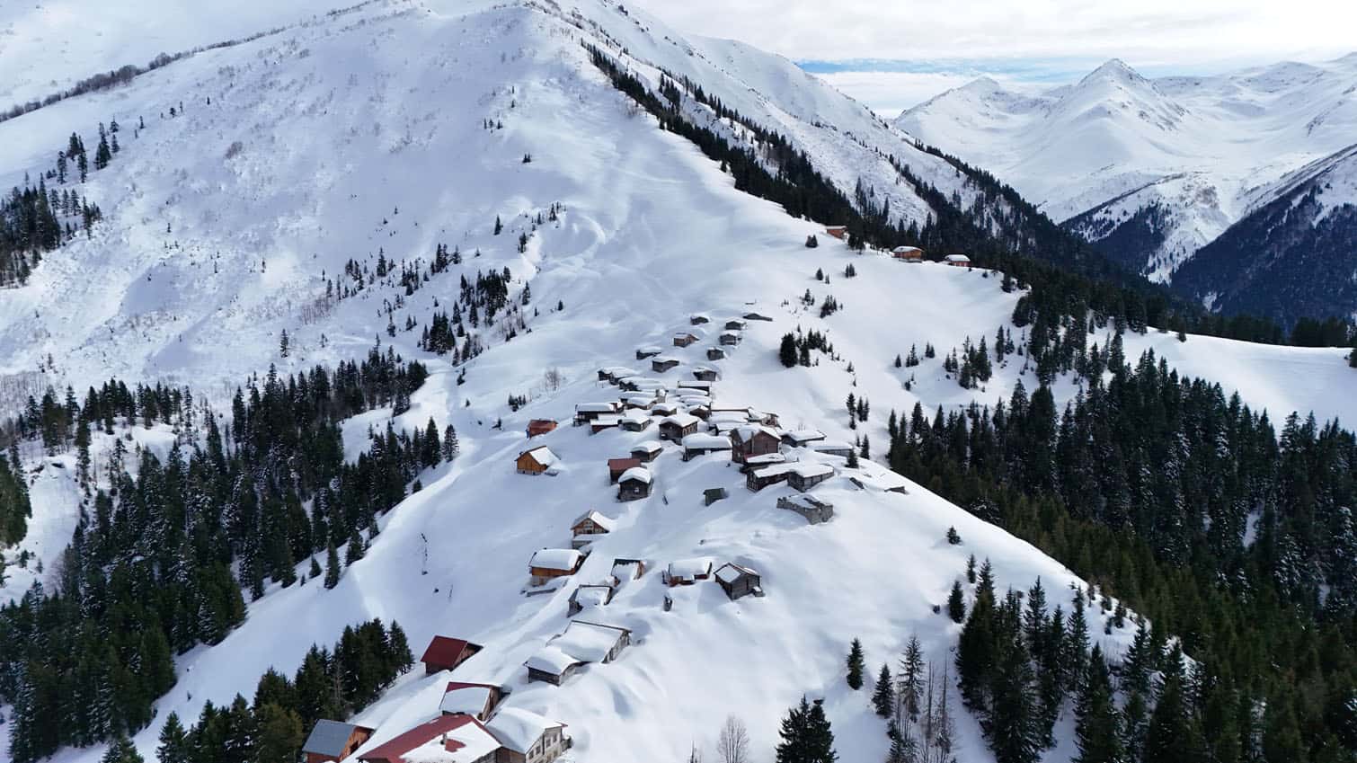 An aerial view of the snow-covered Kackar Mountains