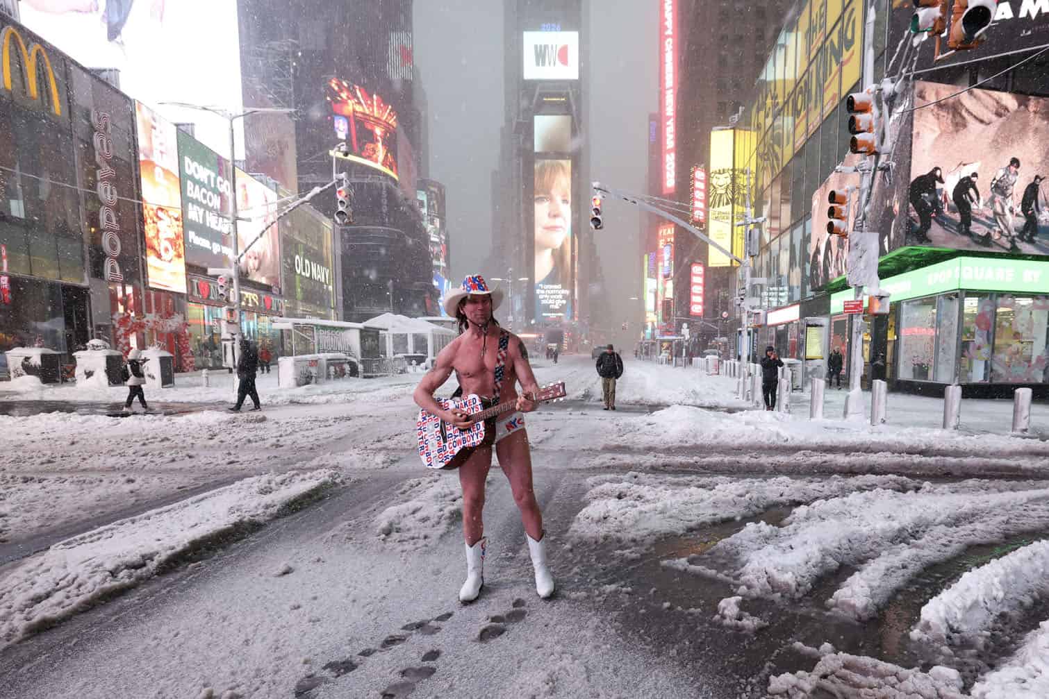 The Naked Cowboy performs in Times Square