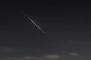 Rocket trails are seen in the sky above Tel Aviv amid a fresh barrage of Iranian missile attacks on March 5, 2026.