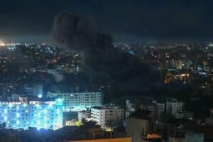 Smoke rises from the site of an Israeli airstrike that targeted Beirut's southern suburbs Al-Jamous neighbourhood on March 6, 2026.
