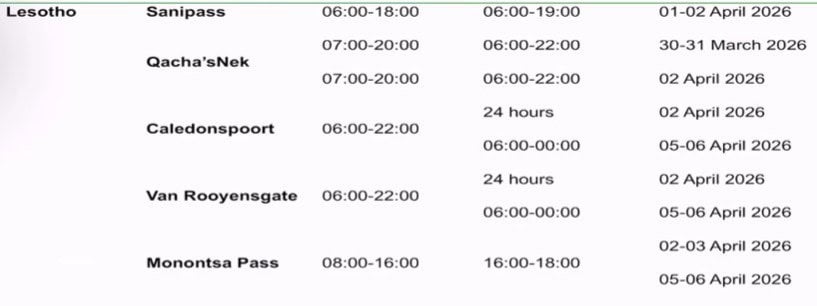 South Africa-Lesotho border operating times over Easter weekend. Picture: BMA