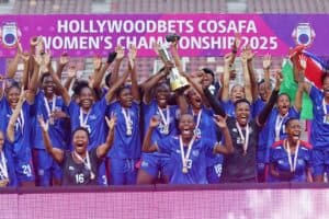 Namibia celebrates lifting the 2025 Hollywoodbets COSAFA Womens Championship trophy