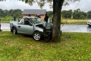 The Opel bakkie against a tree following the collision at the intersection of Strijdom and President Fouché Street.