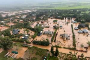 A flooded neighborhood in Waialua on the north shore of Oahu, Hawaii