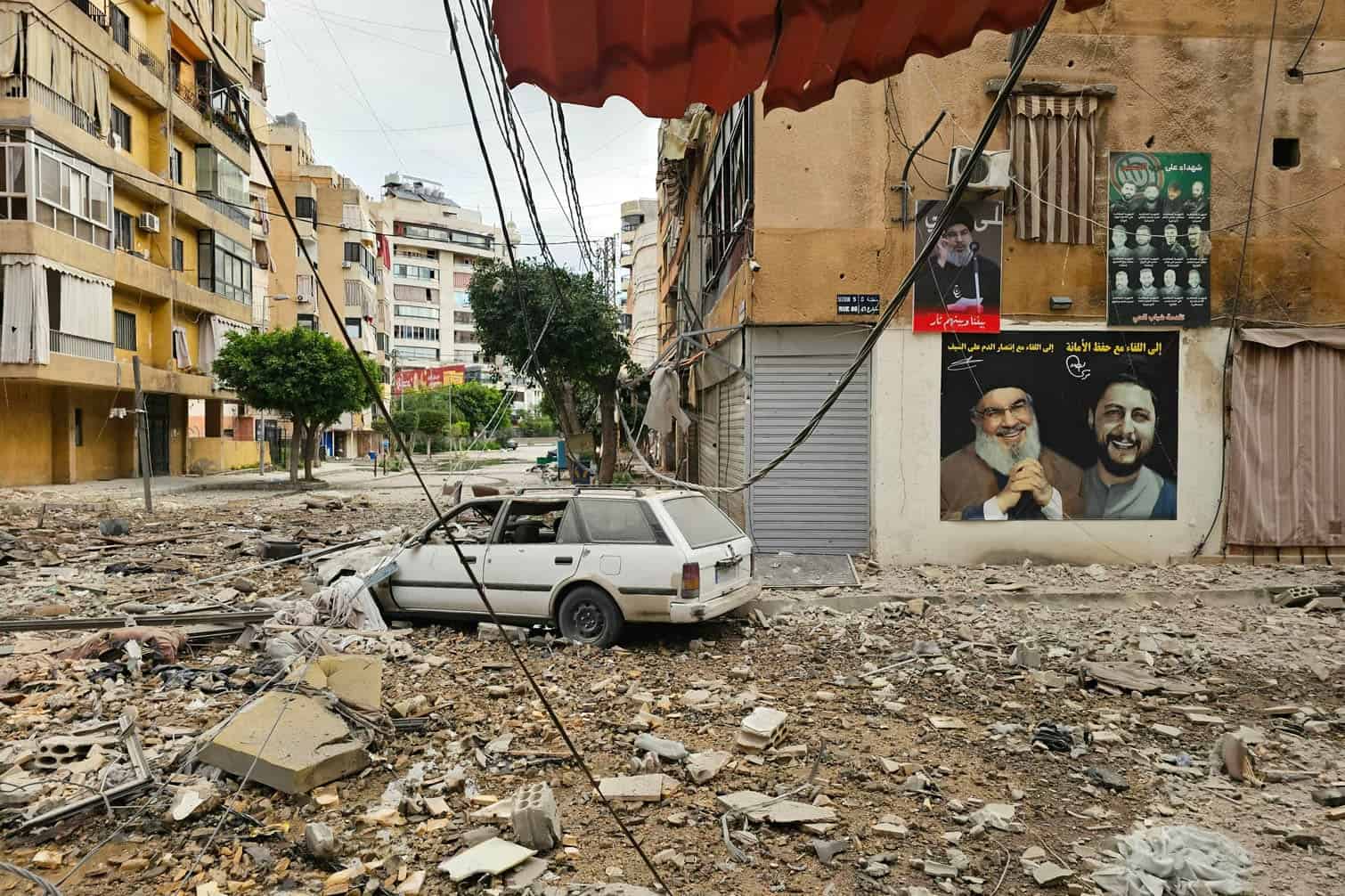 A banner bearing the image of Hassan Nasrallah
