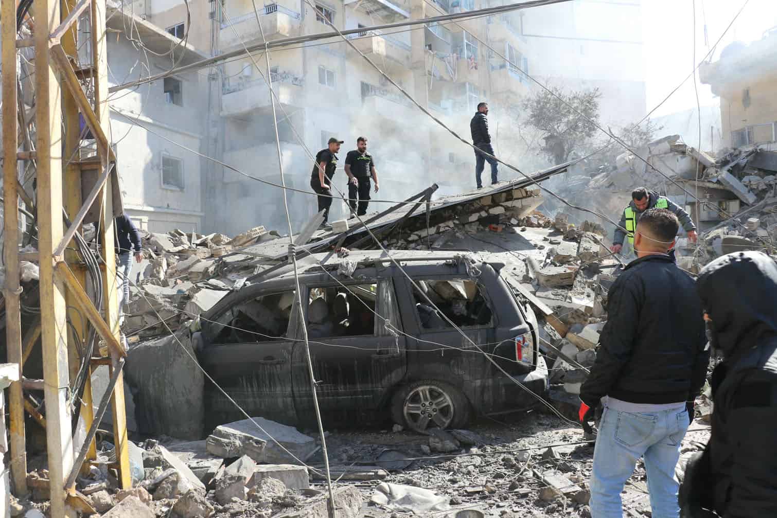 First aid responders arrive to the site of an Israeli airstrike