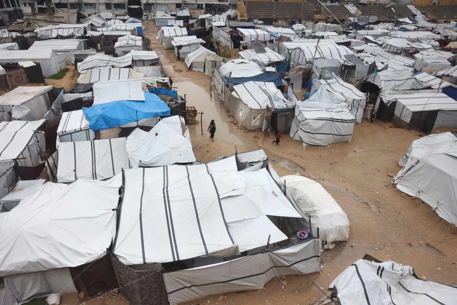 The tents of displaced Palestinians stand on rain-soaked ground