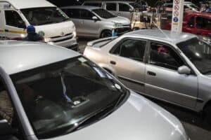 Motorists queue to fill up their vehicles, 31 May 2022, at a petrol station in Fairlands.