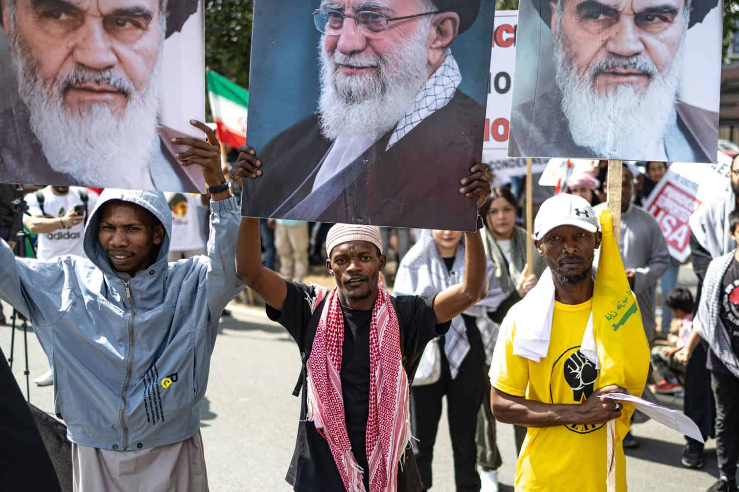 Portraits of the late Iranian Supreme Leader Ayatollah Ali Khamenei