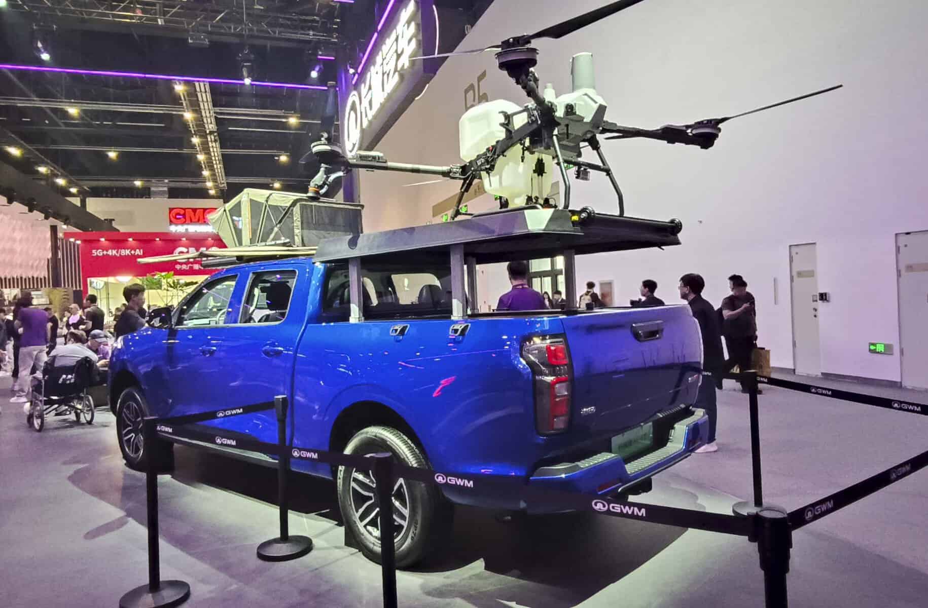 A GWM P-Series with an agricultural drone on the back