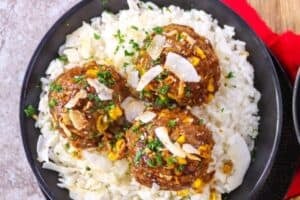Recipe Rice and beef meatballs in BBQ honey sauce with coconut rice