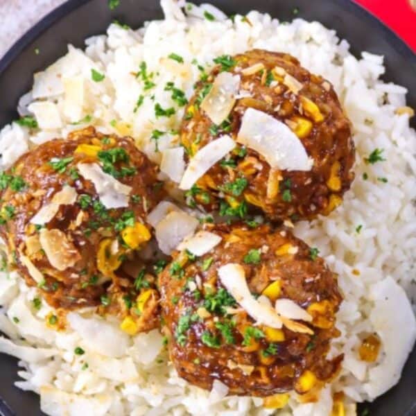 Recipe Rice and beef meatballs in BBQ honey sauce with coconut rice