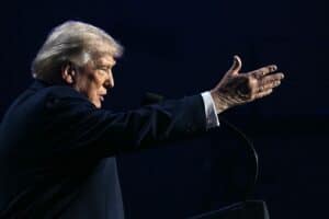 US President Donald Trump addresses a Turning Point USA event entitled "Build the Red Wall" at Dream City Church in Phoenix, Arizona, on April 17, 2026.