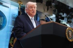 U.S. President Donald Trump attends a news conference in James S. Brady Press Briefing Room of the White House on April 06, 2026 in Washington, DC.