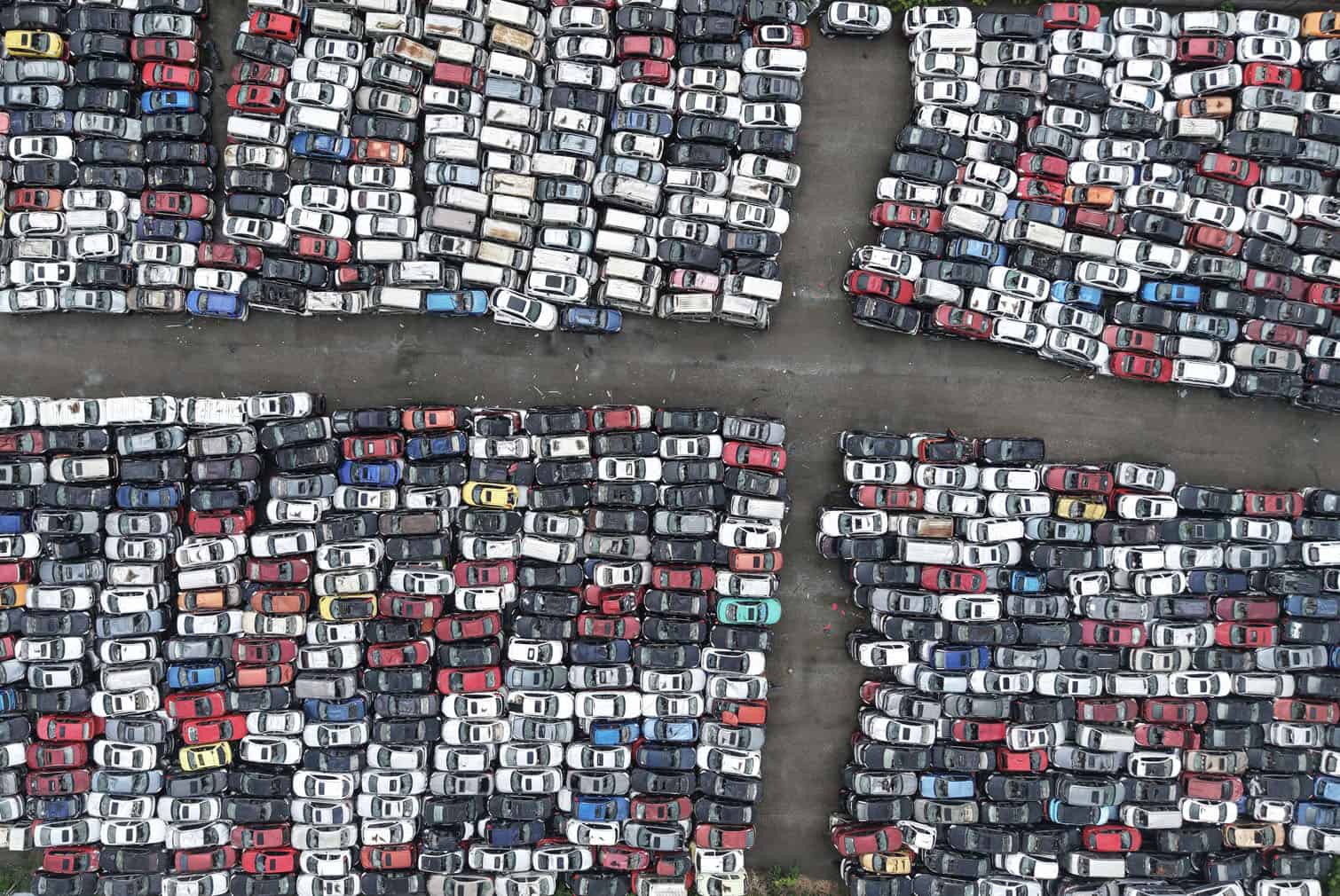 Aerial view of a large number of scrapped cars