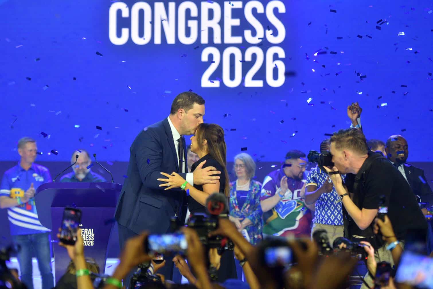 Newly elected DA Federal leader, Geordin Hill-Lewis celebrates