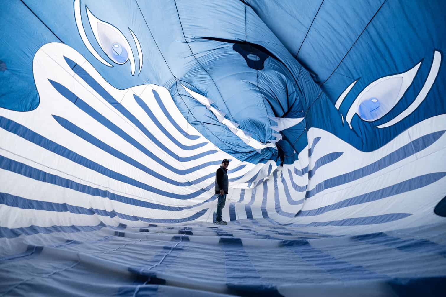 A participant walks through a kite depicting a whale