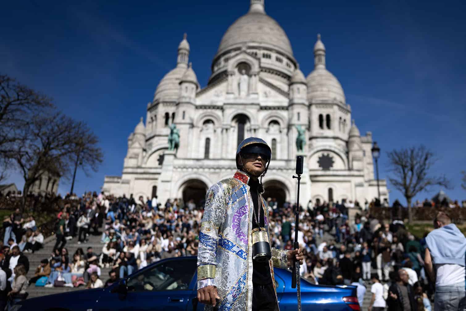 A pedestrian wearing reflective attire