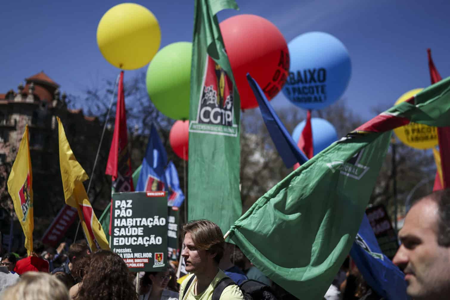 People take part in a demonstrations called by CGTP Union