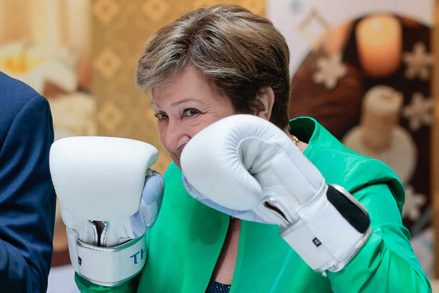 IMF Managing Director Kristalina Georgieva wears Muay Thai gloves