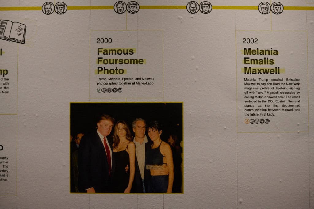 NEW YORK, NEW YORK - MAY 8: A timeline of events is illustrated on a wall on the main floor where The Institute for Primary Facts, a non-profit organization, opens a library archive of 3.5 million pages of the Epstein files that have been made available to the public at the Donald J. Trump and Jeffrey Epstein Memorial Reading Room in Tribeca on May 8, 2026 in New York City. People will be able to view the files from May 8 to 21, but access will be by appointment only. Edna Leshowitz/Getty Images/AFP Picture via Edna Leshowitz / GETTY IMAGES NORTH AMERICA / Getty Images via AFP