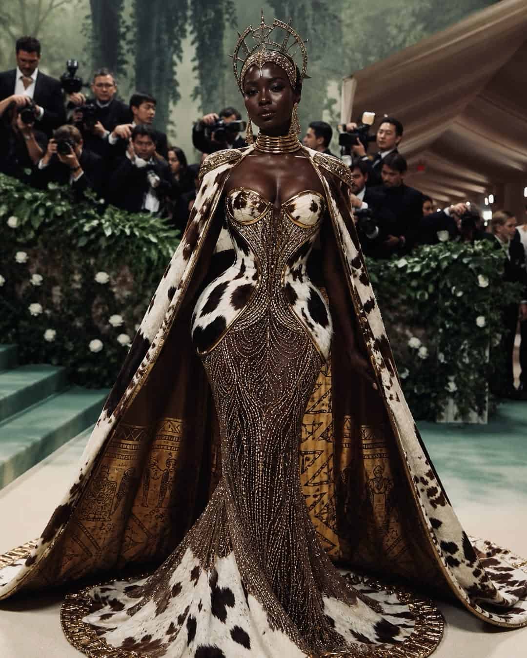 An AI-generated image of a model in an imagined Met Gala design. Picture: Instagram, @angelgabrieldesigns