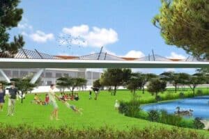 A 3D rendering for the proposed revitalisation of the Bredell Precinct, which includes a park with the lifestyle centre as a backdrop, as well as the proposed K155 bridge.