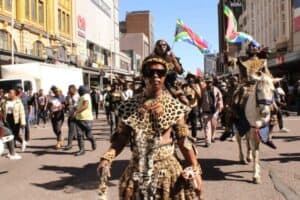 Prince Ingobamakhosi Ntombela leading the regiment of protesters in Durban.