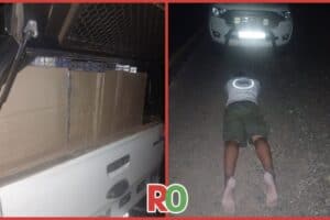 The Ford Ranger carrying boxes of illicit cigarettes. Right: Toni Nathaniel Gumbo is arrested for possession of illicit cigarettes and contravention of the Immigrant Act.