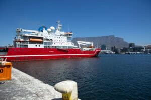 The SA Agulhas II arrives from the annual Antarctica voyage at V&A Waterfront on February 20, 2024 in Cape Town, South Africa.