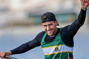Hamish Lovemore celebrates at the end of the K1 1 000m race.