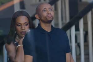 (L to R) Gugu Gumede as Joyce Gomora, Sdumo Mtshali as Jonasi Gomora in The Polygamist. Picture: Netflix © 2026