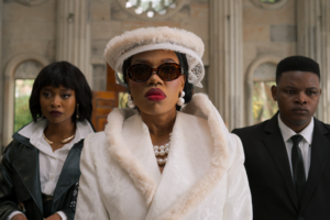 Gugu Gumede as Joyce Gomora in The Polygamist. Picture: Netflix © 2026