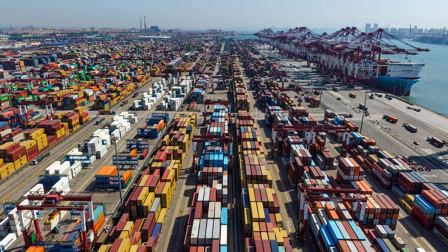 This aerial photo shows containers at the port in Qingdao