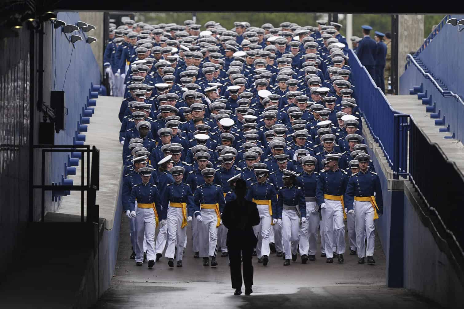 Cadets arrive at the US Air Force Academy Graduation Ceremony