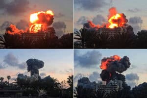 A fireball erupting from a building following an Israeli strike