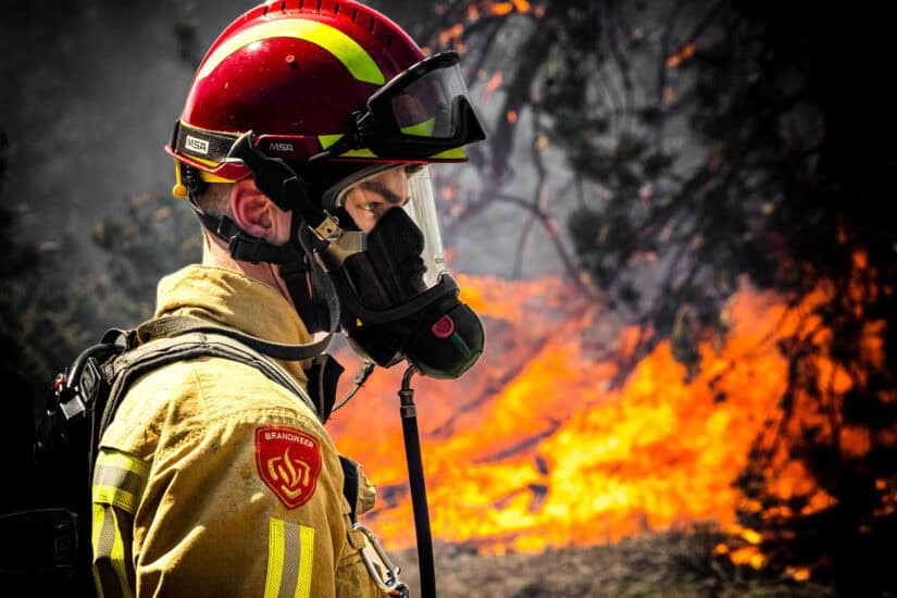 A firefighter works to extinguish a wildfire near Budel