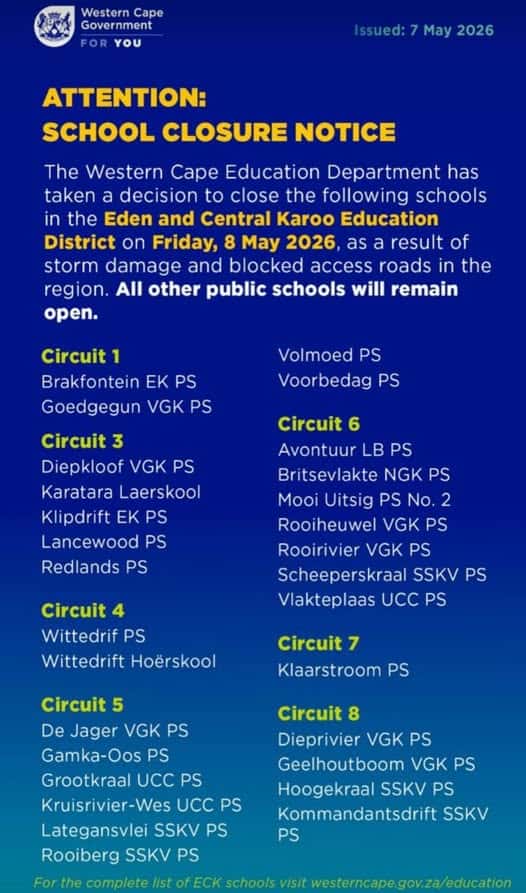 schools close, weather conditions, western cape department of education