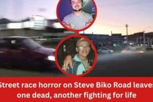 A street race horror on Steve Biko Road left one young man dead, another man fighting for his life.
