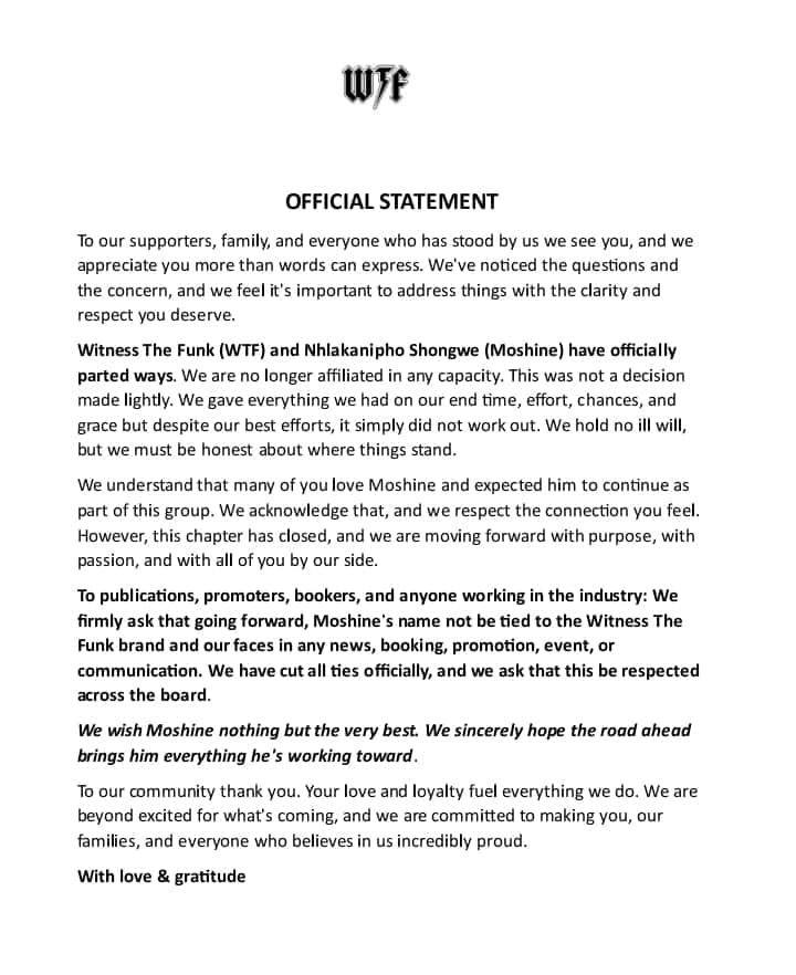 Witness The Funk The group released this statement to publicly distance themselves from founding member Nhlakanipho Shongwe (Moshine) amid fresh, serious sexual assault allegations against him, while trying to protect their brand and move forward as a duo (Efelow and Aux Cable). Picture: Facebook, Witness The Funk